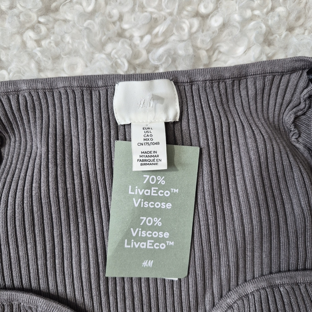 BNWT H&M Rib-knit L Bell Sleeve Sweetheart Neck Gray Sweater Minimalist Neutral - Picture 6 of 11